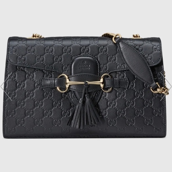 Gucci Emily Guccissima GG Logo Black Leather Shoulder Bag New - Picture 1 of 17